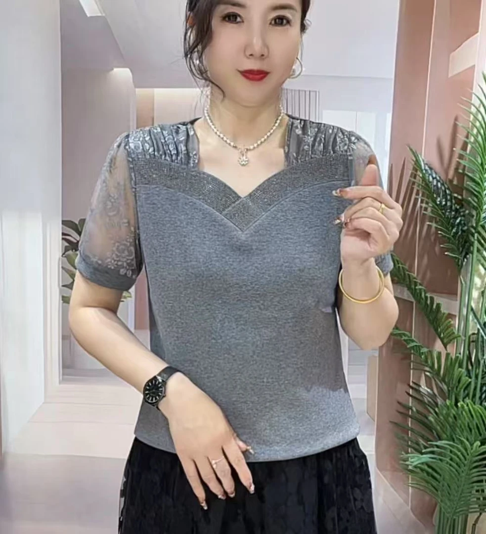 新品夏季圆领蕾丝花纯色修身百搭洋气女神打底上衣小衫#552