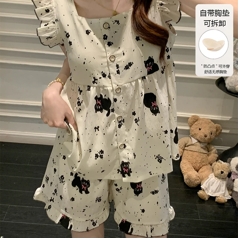 带胸垫吊带睡衣女夏季卡通少女薄款两件套2025新款网红爆款家居服