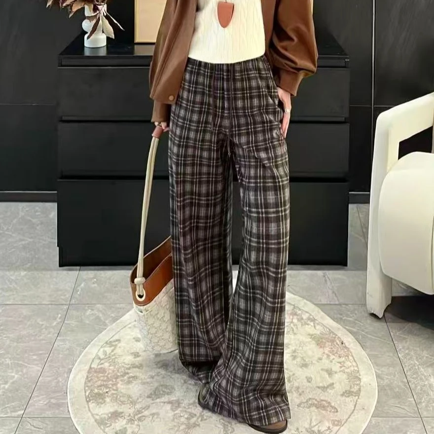KIKI严选：32296-YER家欧洲站南油秋冬吊绳格子拖地裤子休闲裤
