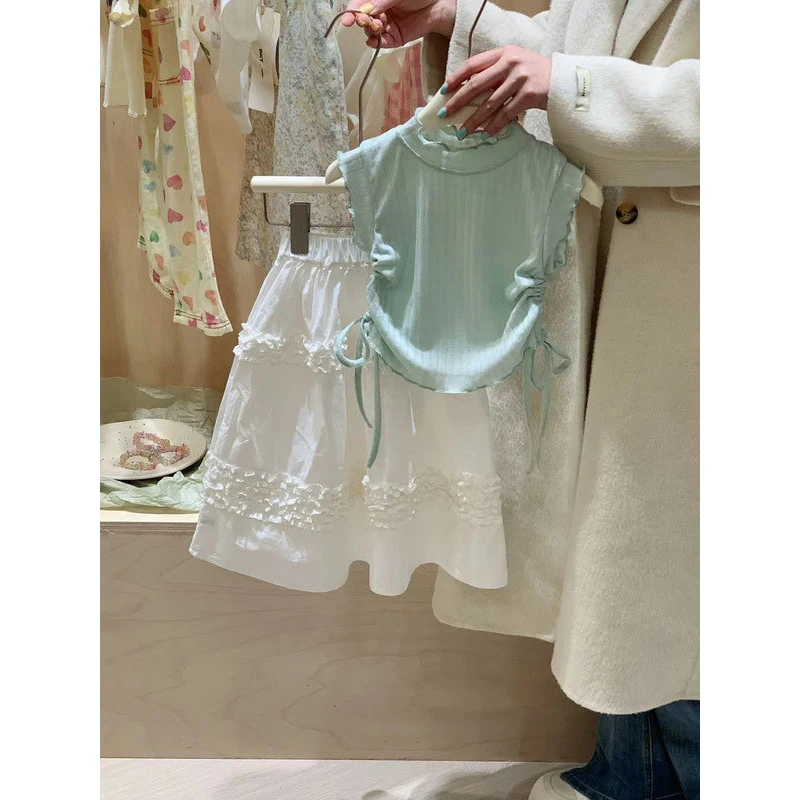 新款韩版童装女童夏季抽绳背心上衣百搭白色半身裙套装