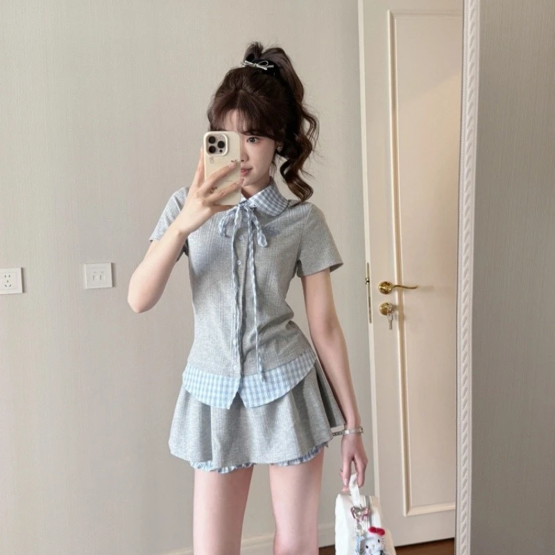 学院风辣妹短袖t恤女夏季刺绣格子拼接假两件开衫修身显瘦上衣潮