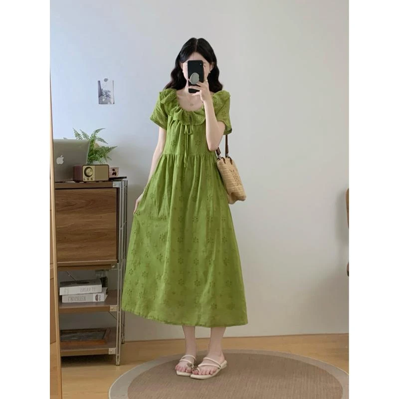 大码法式镂空连衣裙女夏季梨形身材绿色裙子胖MM遮肚子显瘦A字裙