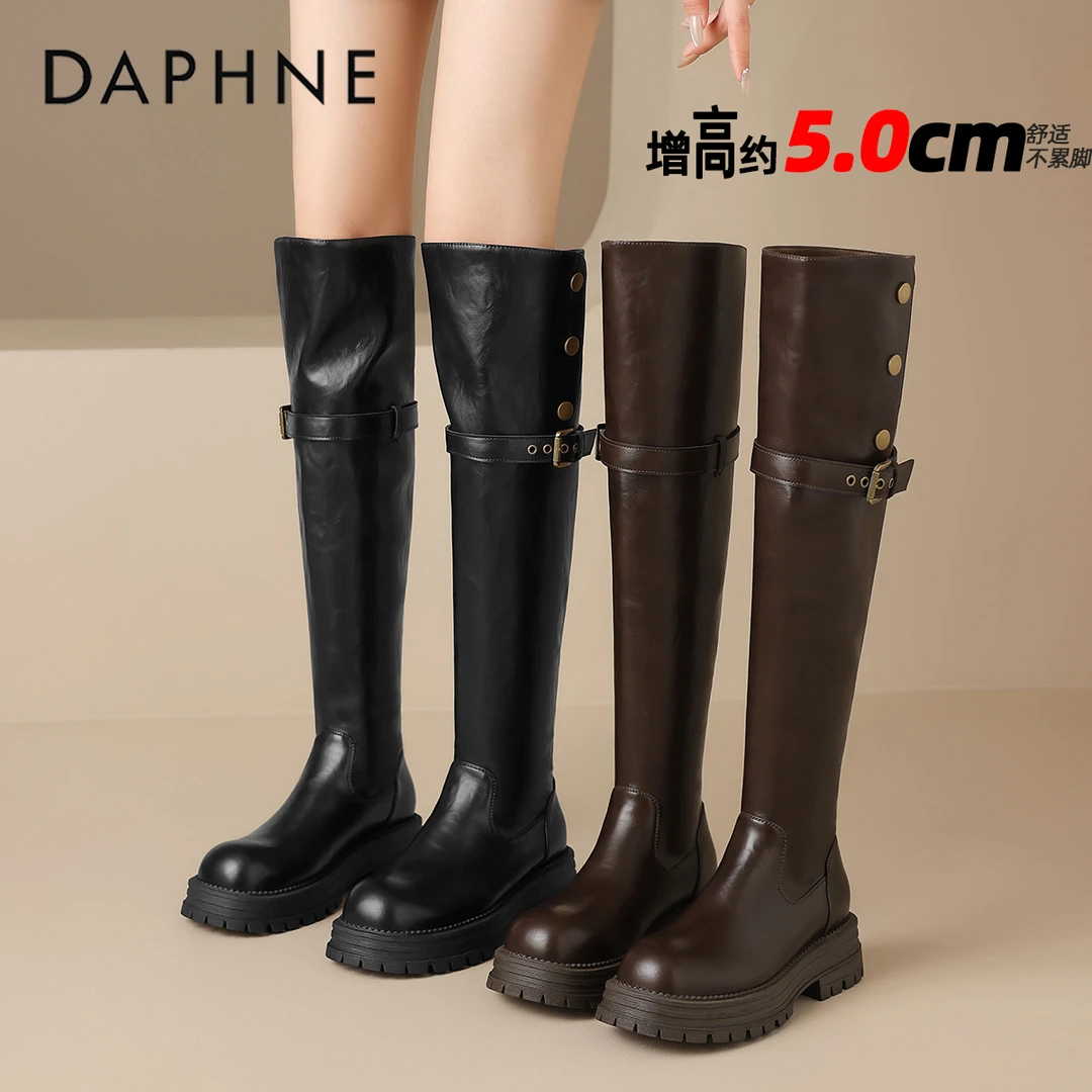达芙妮爆款过膝长筒靴女2025秋季爆款百搭厚底骑士靴皮带扣高筒靴