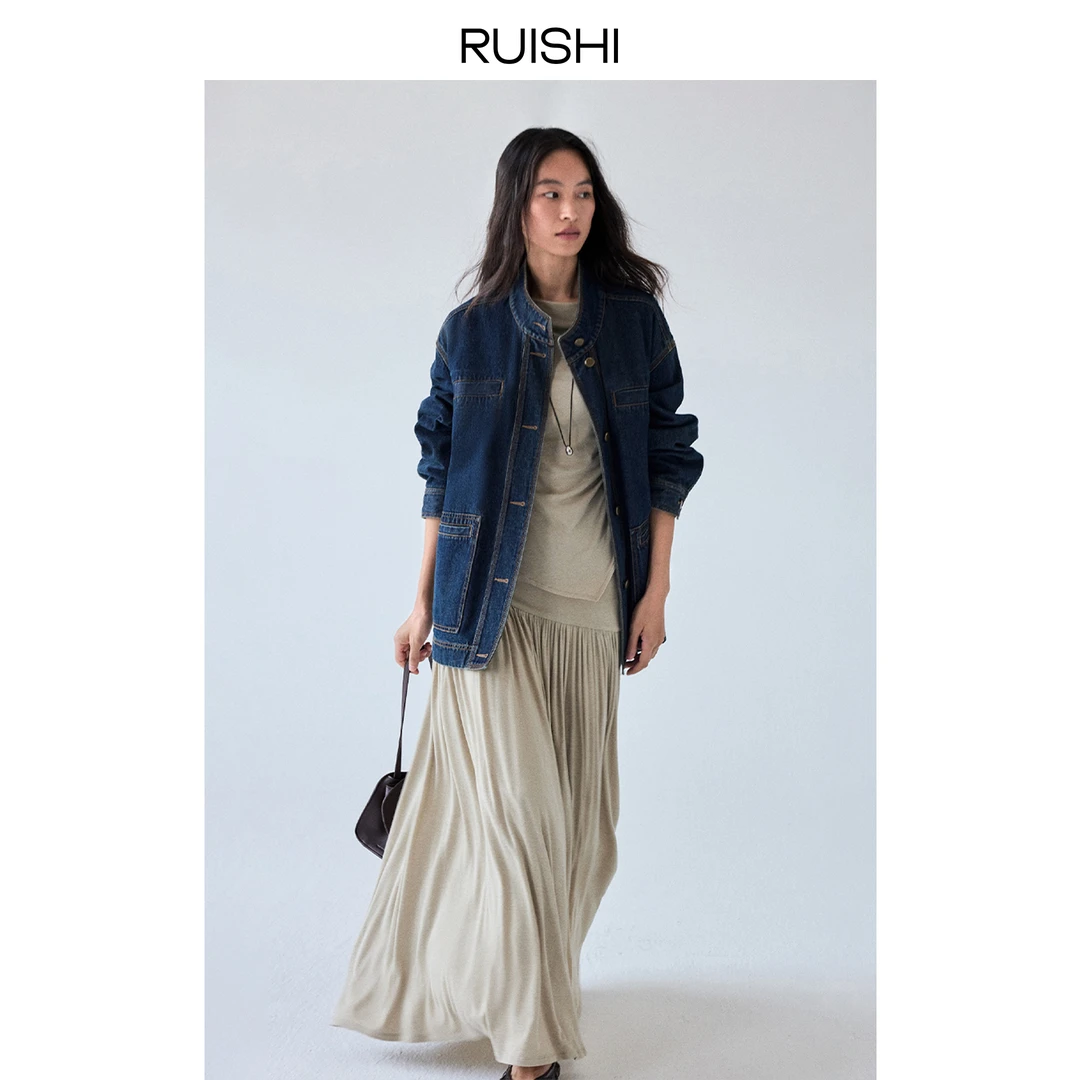 RUISHI芮时纯棉立领中长款松弛感复古牛仔外套女秋R25C106501