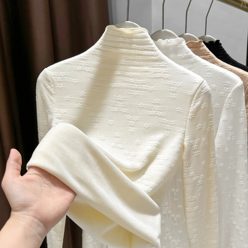 木耳边加绒加厚蕾丝打底衫女2025春季爆款洋气内搭半高领长袖上衣