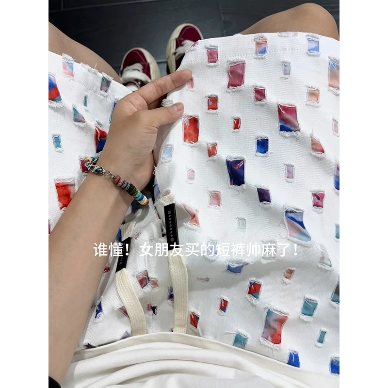 美式高街彩虹小破洞格子短裤男夏季潮牌高级痞帅裤子设计感五分裤