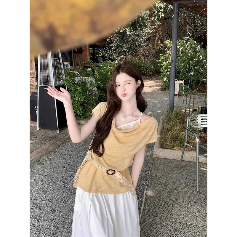 温柔风荡领短袖衫女2025春夏季新款设计感露肩薄款叠穿外搭上衣潮