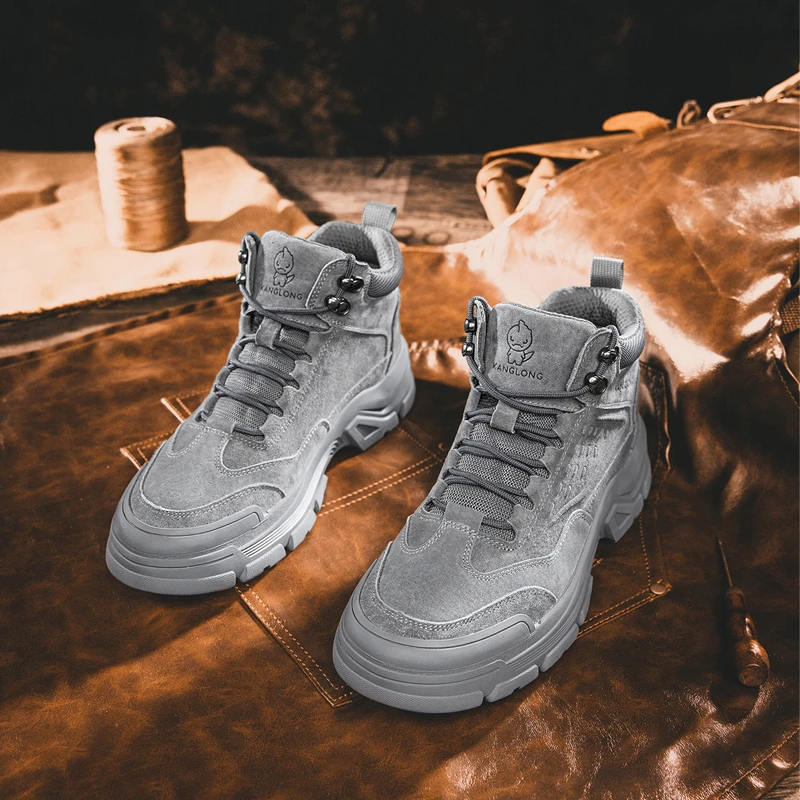 康龙男鞋秋冬款2025新款高帮鞋男士黑色皮靴户外厚底工装靴马丁靴