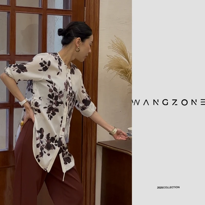 WANG ZONE | 重磅22姆米桑蚕丝花朵印花飘带衬衣上衣