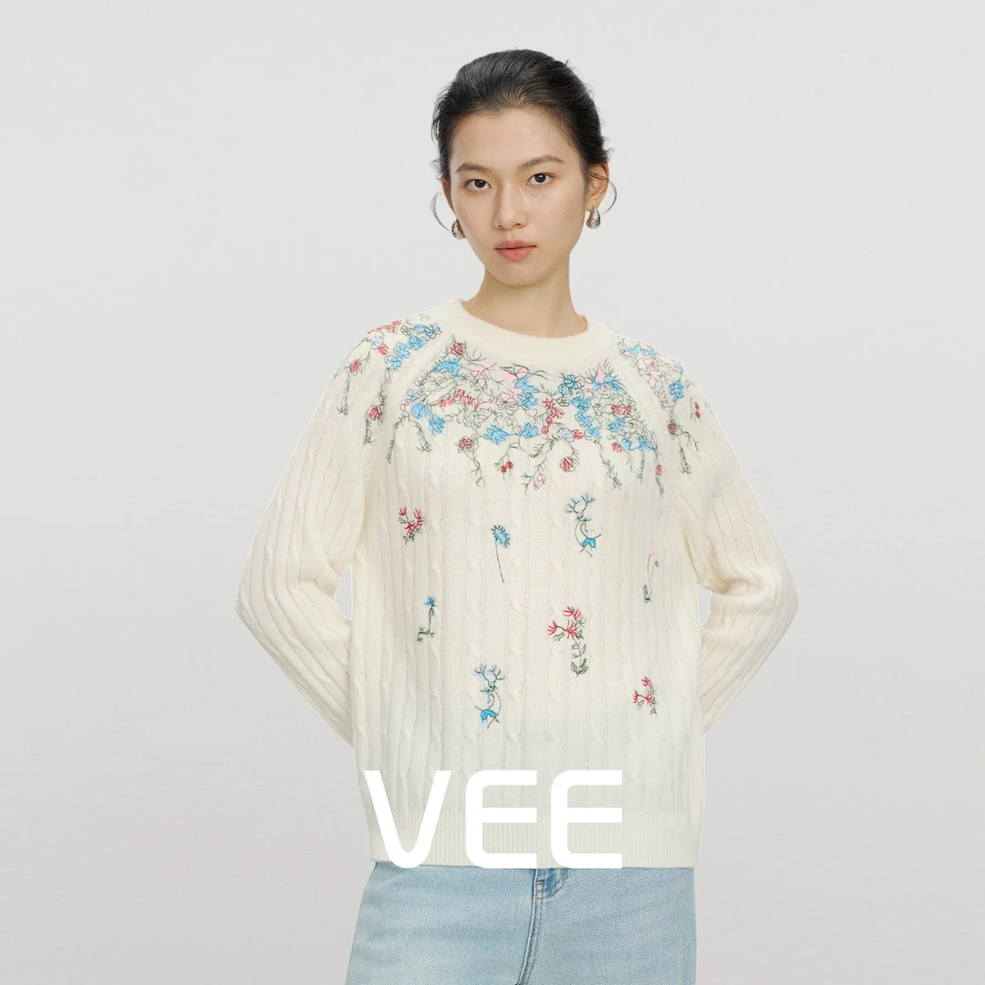 VEE【花园毛衣】重工花朵刺绣圆领套头毛衣女高级感羊毛衫上衣