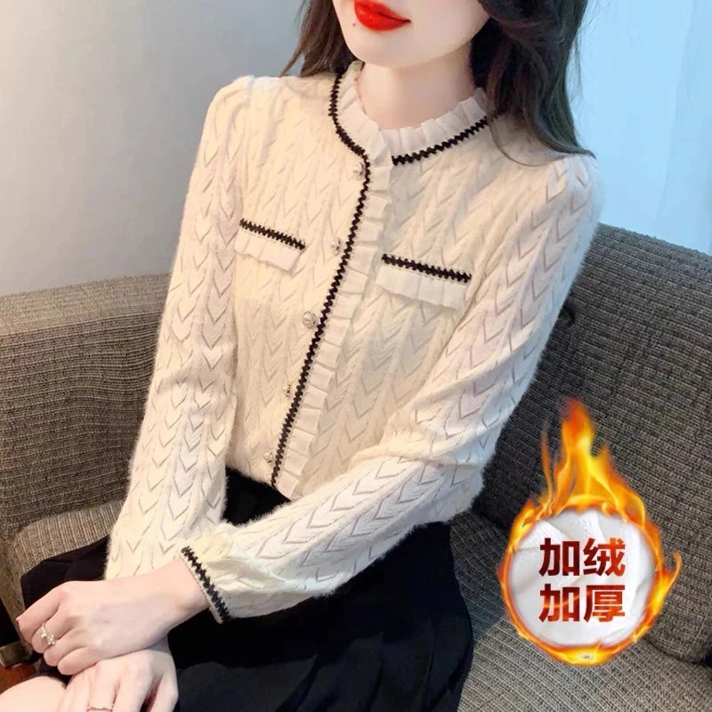 2369小香风长袖蕾丝打底衫女2025秋冬新款高级感上衣