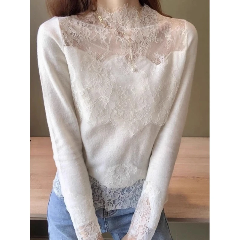 气质镂空半高领蕾丝内搭打底衫秋冬2025时尚百搭遮肚子精致上衣