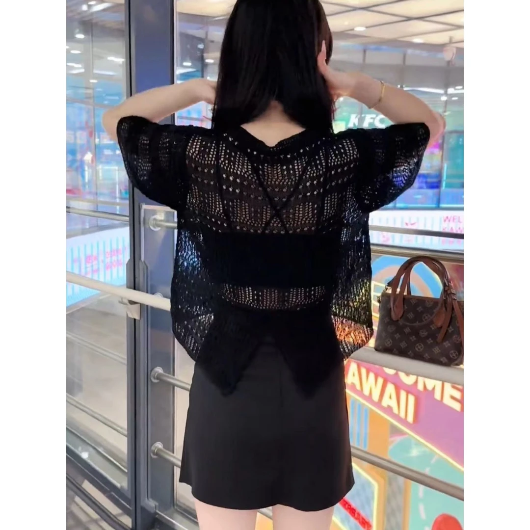 夏季冰丝镂空针织衫女2025新款时尚洋气短袖t恤宽松显瘦上衣小衫