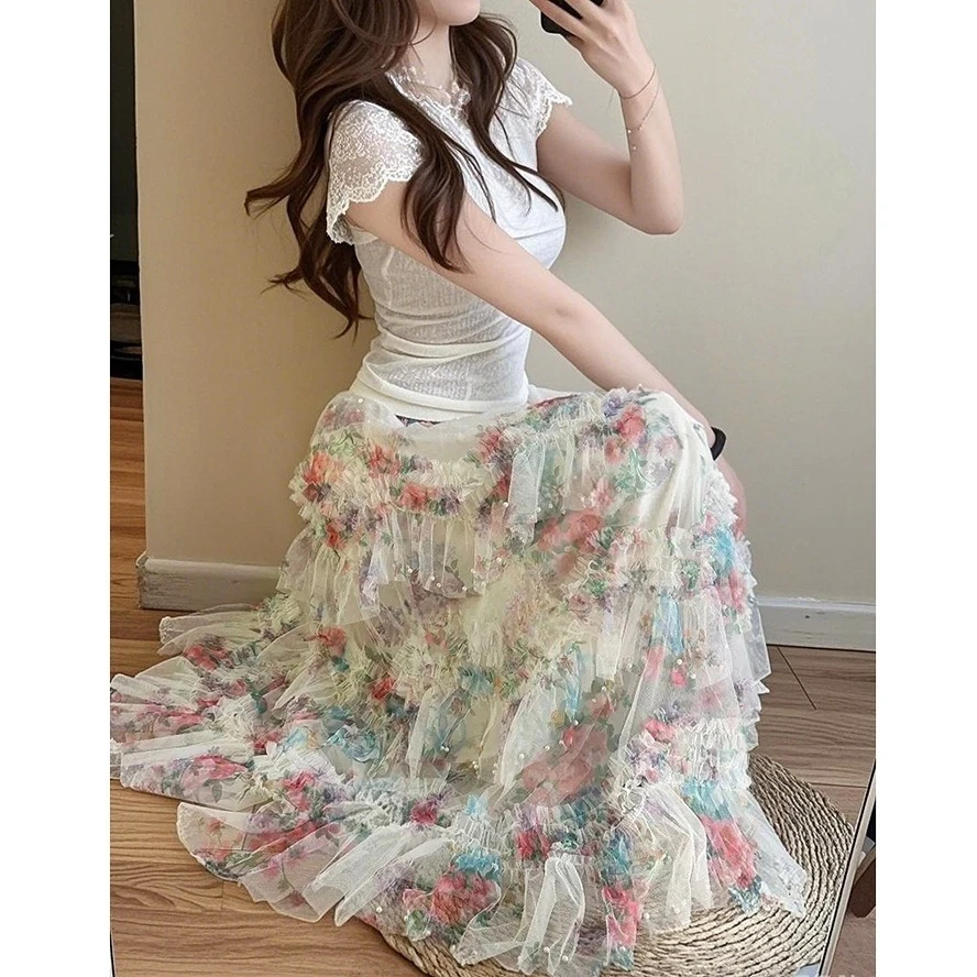 新款钉珠不规则裙摆拼接印花纱裙玫瑰印花蛋糕裙网纱长裙女蓬蓬裙
