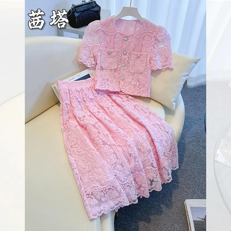 粉色小香风蕾丝连衣裙2025新款女夏季法式气质轻奢高级感套装裙子