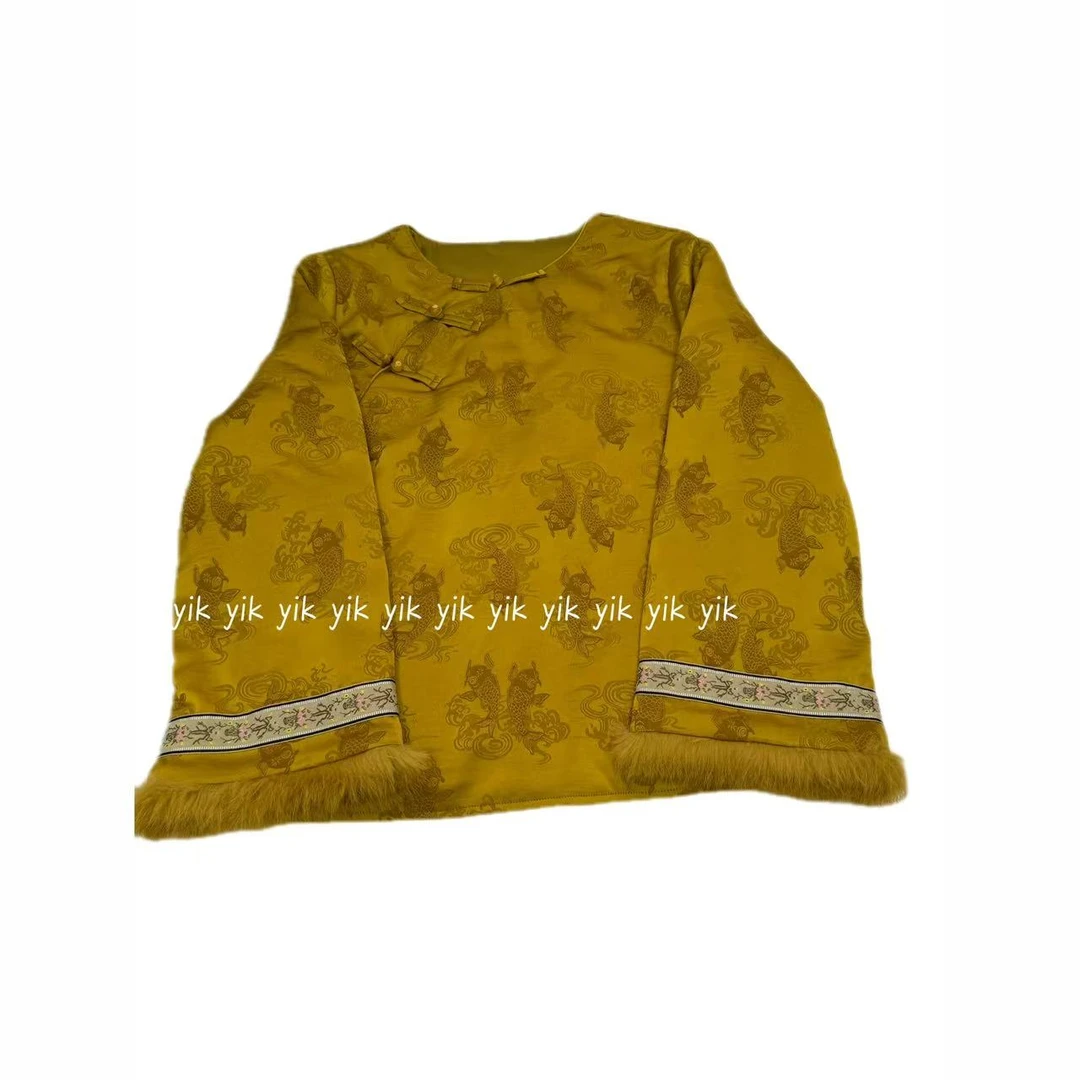 【花信】新中式国风时尚圆领斜襟盘扣提花加棉加厚长袖上衣