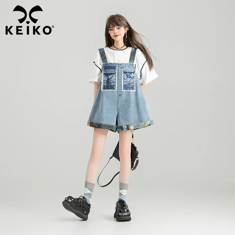 KEIKO 提花拼接背带牛仔裤女25夏季元气减龄刺绣图案阔腿短裤子