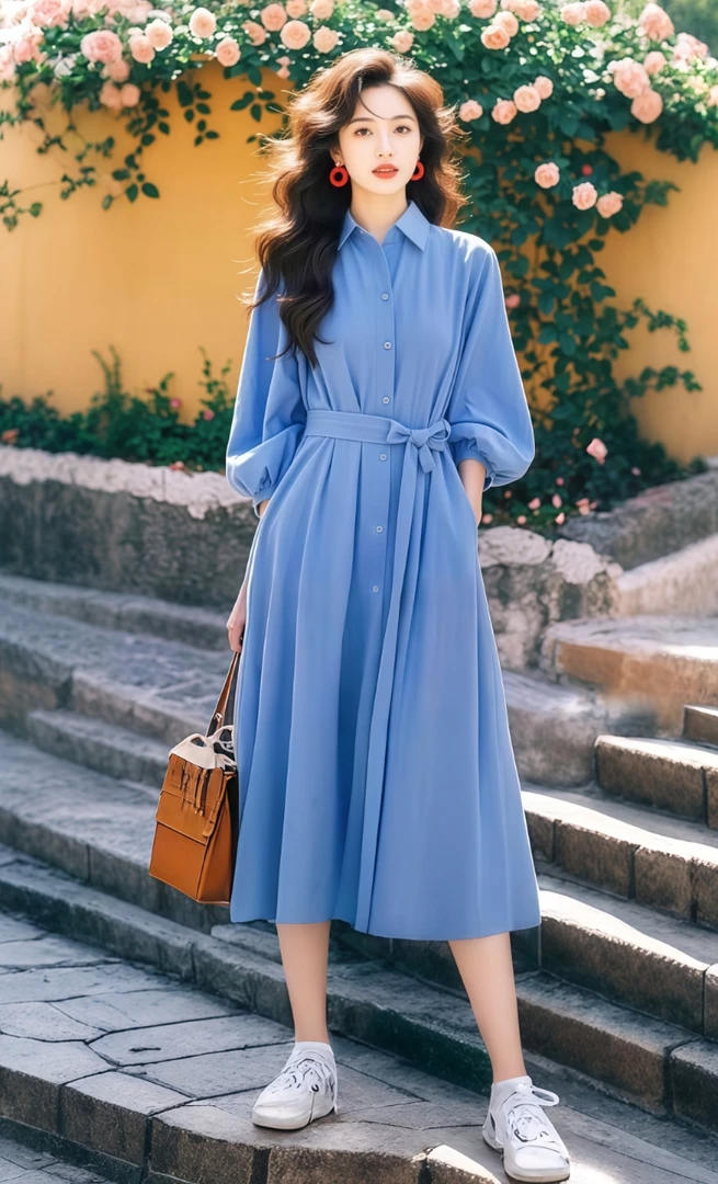 漂亮独特出席重要场合的穿搭开春穿搭高级感蓝色POLO领衬衫连衣裙