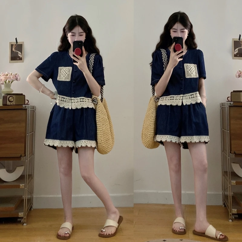 孕妇装夏装2025新款夏季休闲大码宽松花边牛仔短袖上衣猪鼻扣短裤