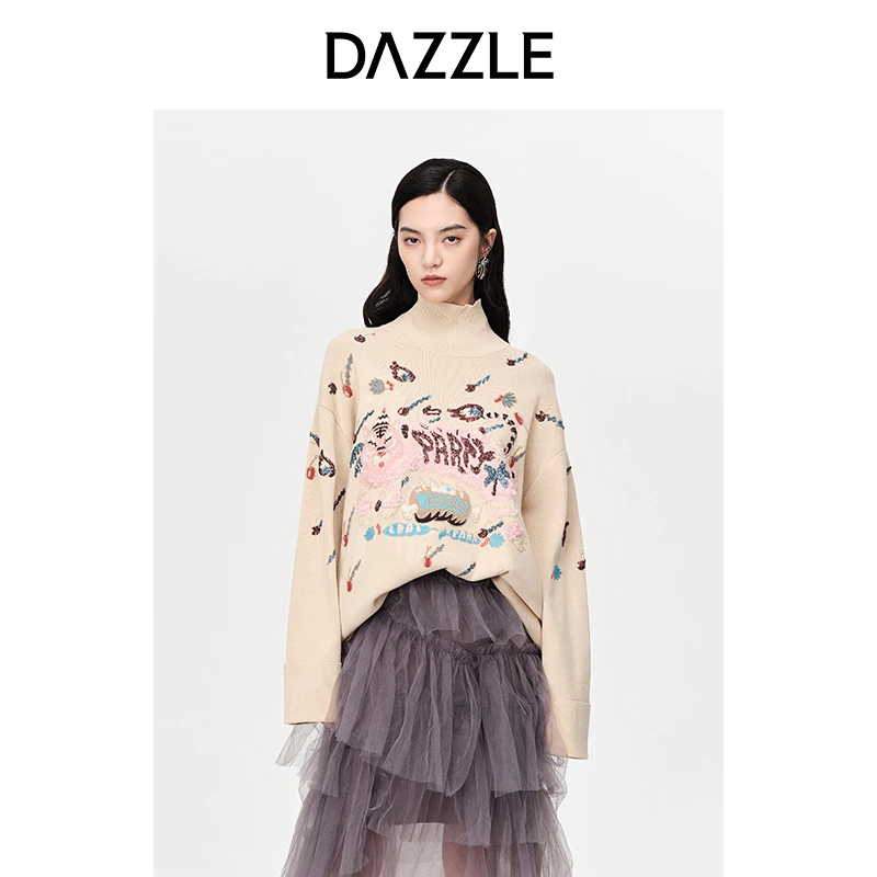 DAZZLE地素款生肖款绣珠片高领针织衫2E1E441