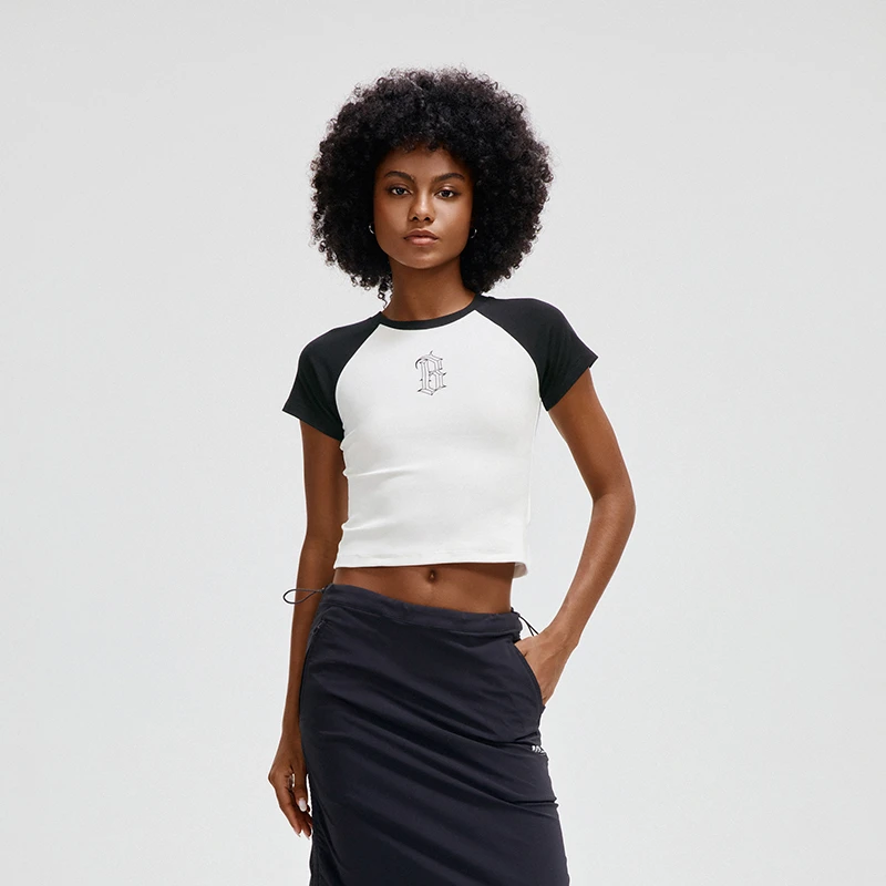 BONELESS插肩袖修身哥特B印花短袖圆领高街透气T恤针织短款体恤女