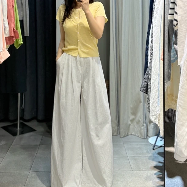 「高支」棉麻长裤夏季白色高腰宽松直筒简约显瘦女士亚麻阔腿裤