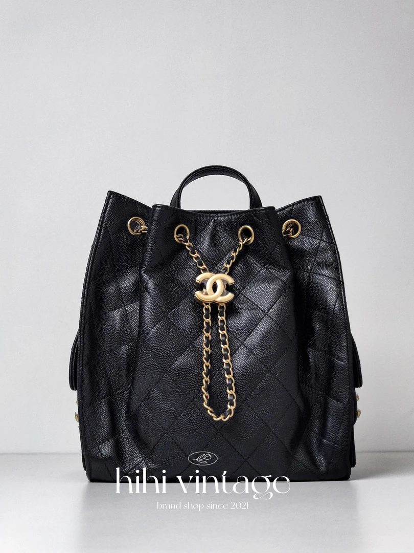 99新 Chanel/香奈儿 黑金荔枝纹双口袋抽绳25bag双肩包 18653397