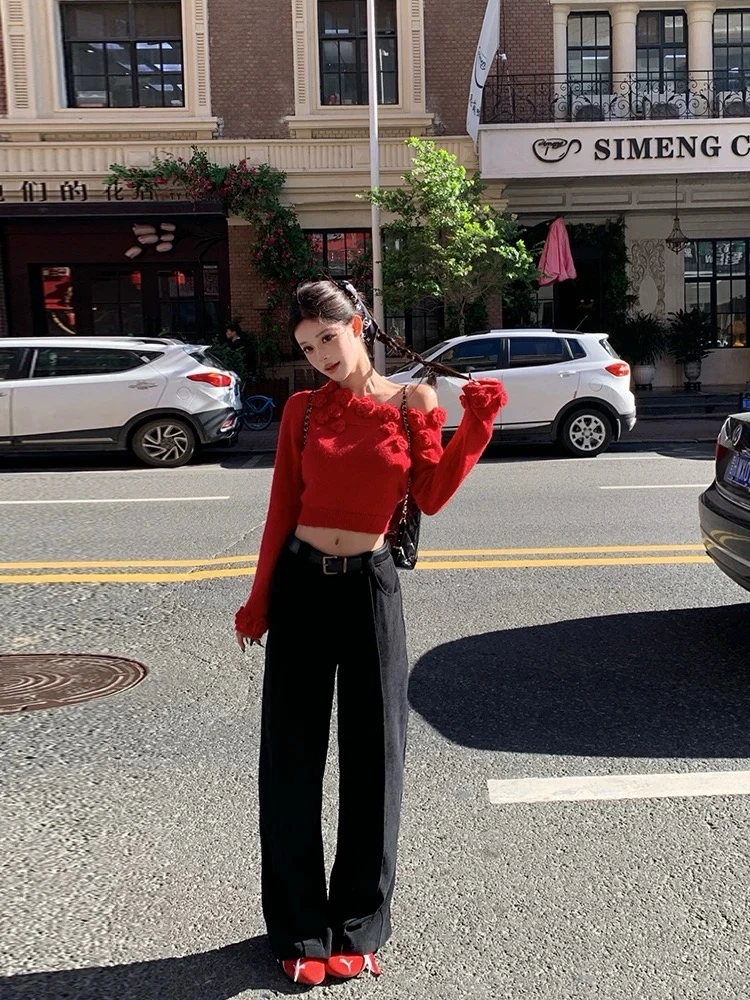 2025早秋新款玫瑰花漏肩毛衣早秋新款甜美设计感气质长袖针织衫女