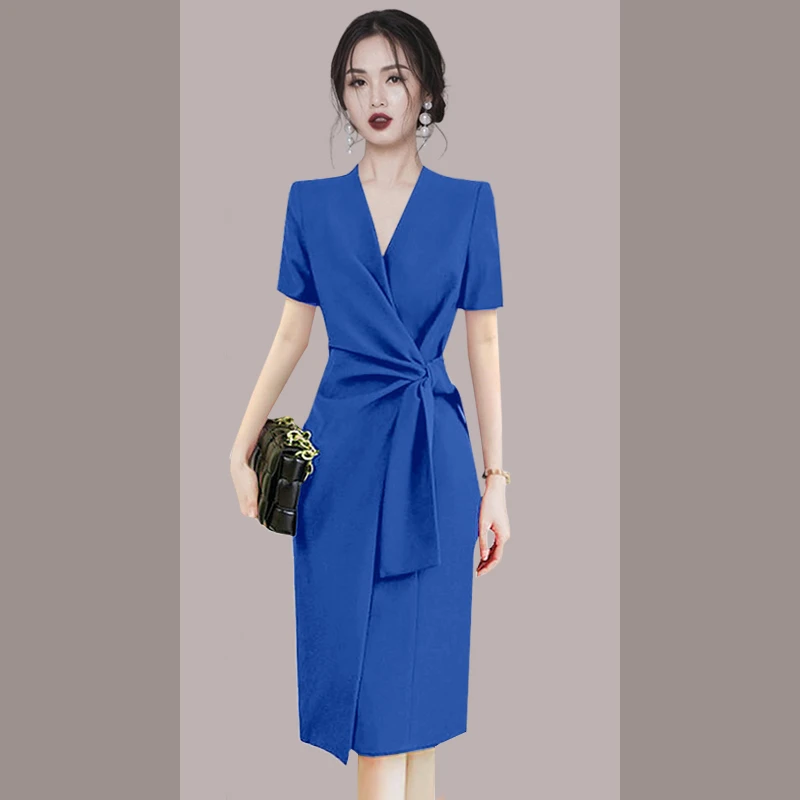 高级感气质蓝色法式连衣裙女装2025新款职业收腰裙子夏季