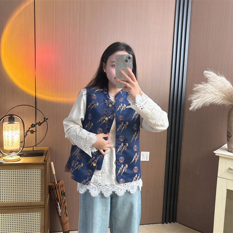 【翟鸟】双面穿马甲女新中式国风提花宋锦缎立领复古气质春秋坎肩