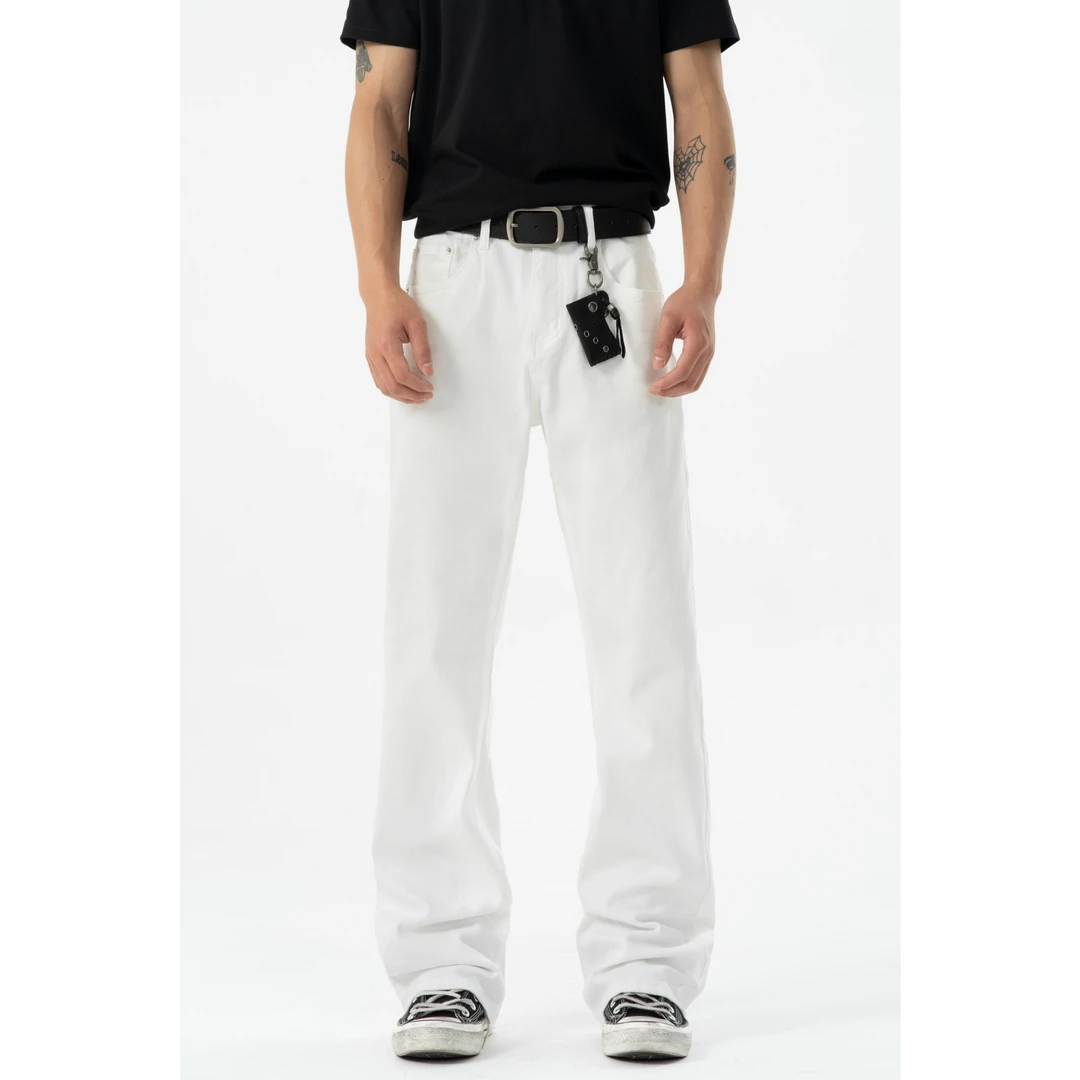 怪兽实验室美式休闲宽松百搭显瘦517微喇弹力设计复古白色牛仔裤