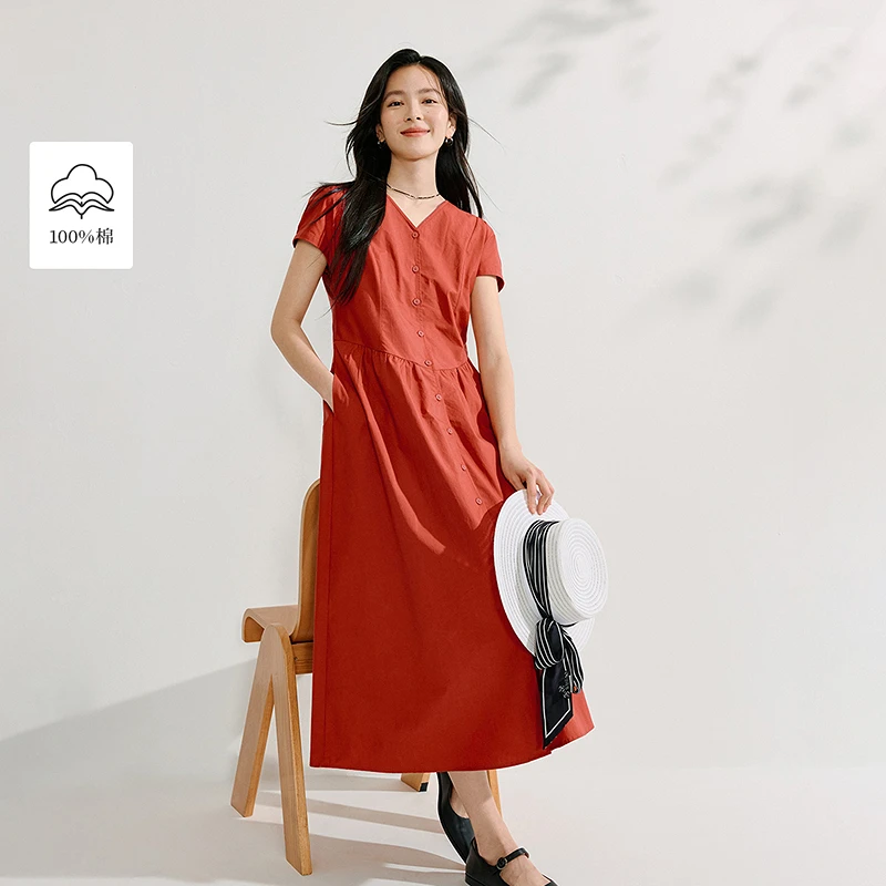 【一秒入夏】茵曼夏季红色设计感V领连衣裙时尚纯棉连肩袖收腰长裙