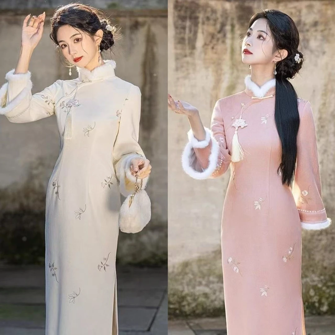 粉色绣花淑女范旗袍2025年冬新款加绒保暖毛领新中式日常连衣裙