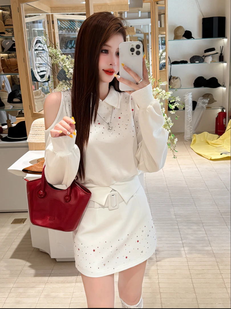 【十一家】原创【星落露衫】重工烫钻星露肩长袖上衣女短裙套装M89002