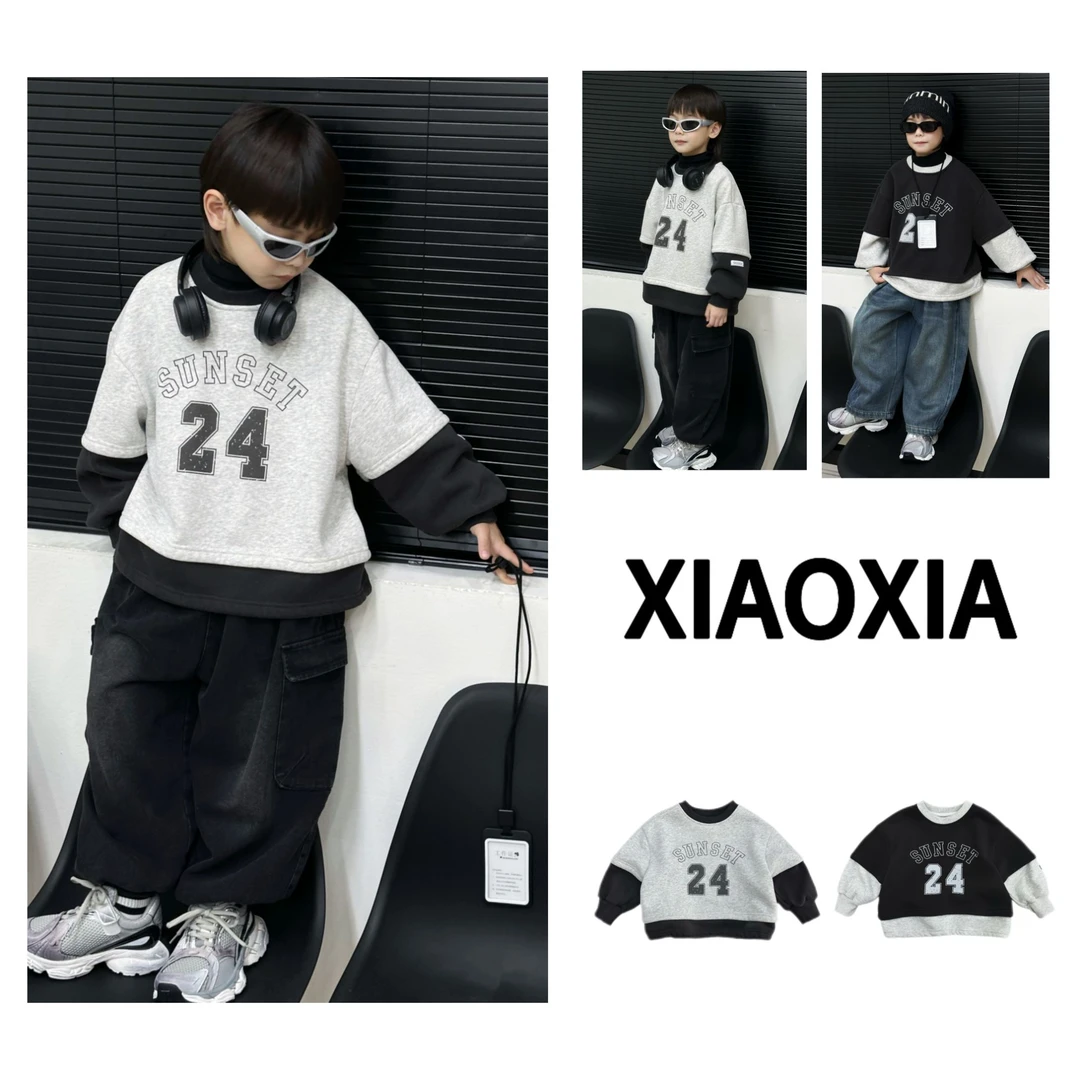 现货XXJ 2234 拼接【日落24】韩版假两件加绒卫衣男童