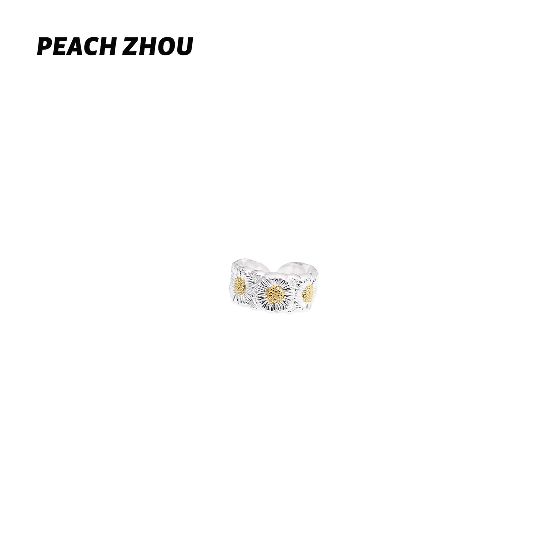 925银戒指 『PEACHZHOU』双色雏菊太阳花不褪色开口可调节情侣戒指
