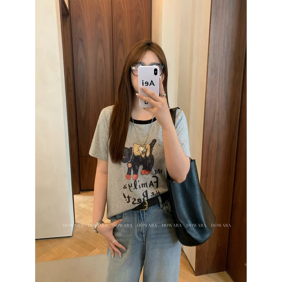 现货大婉酱微胖定制莱赛尔韩版圆领小狗印花T恤女夏休闲上衣9333D