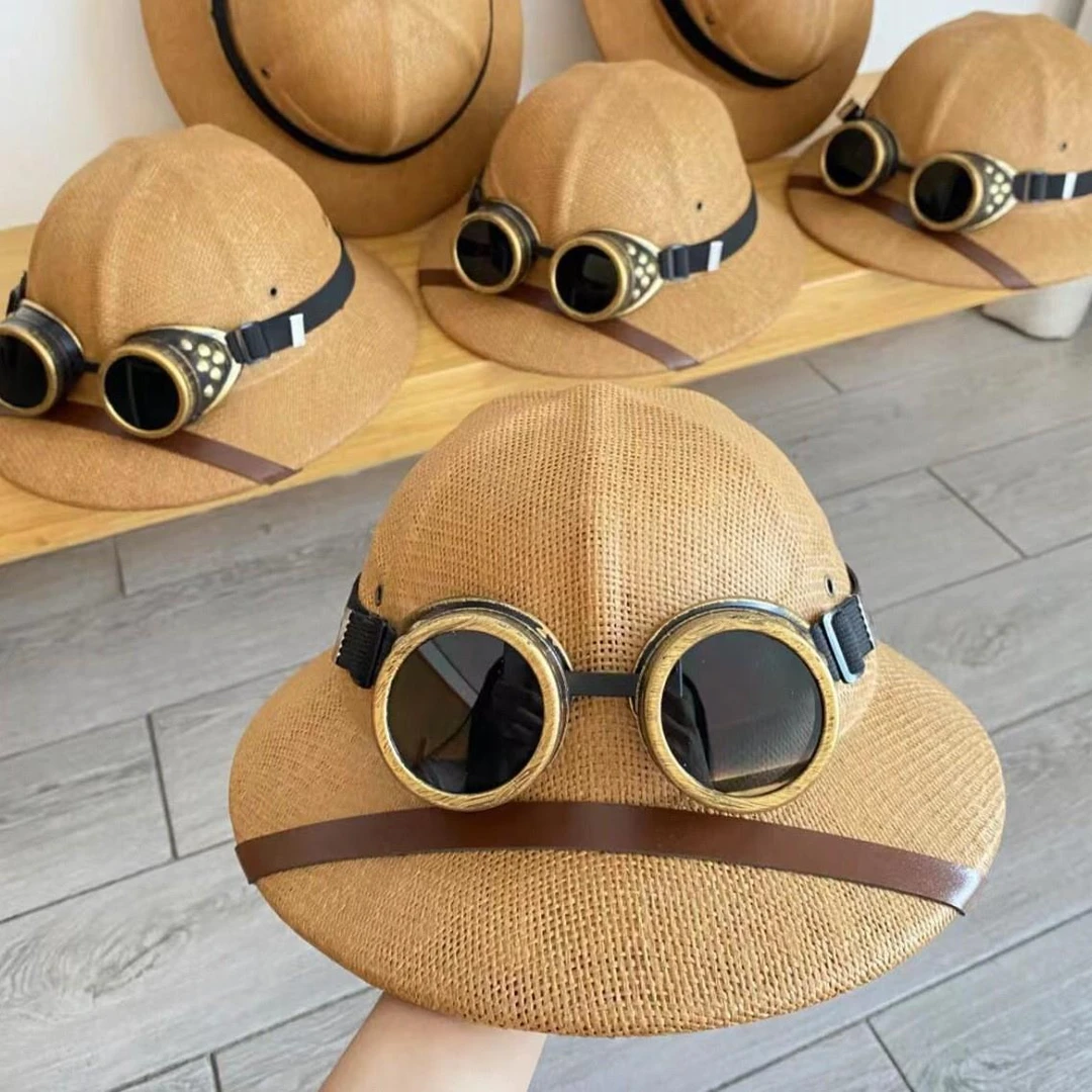 春夏儿童帽子护目镜蒸汽朋克探险家渔夫帽女木髓盔遮阳防晒草帽男