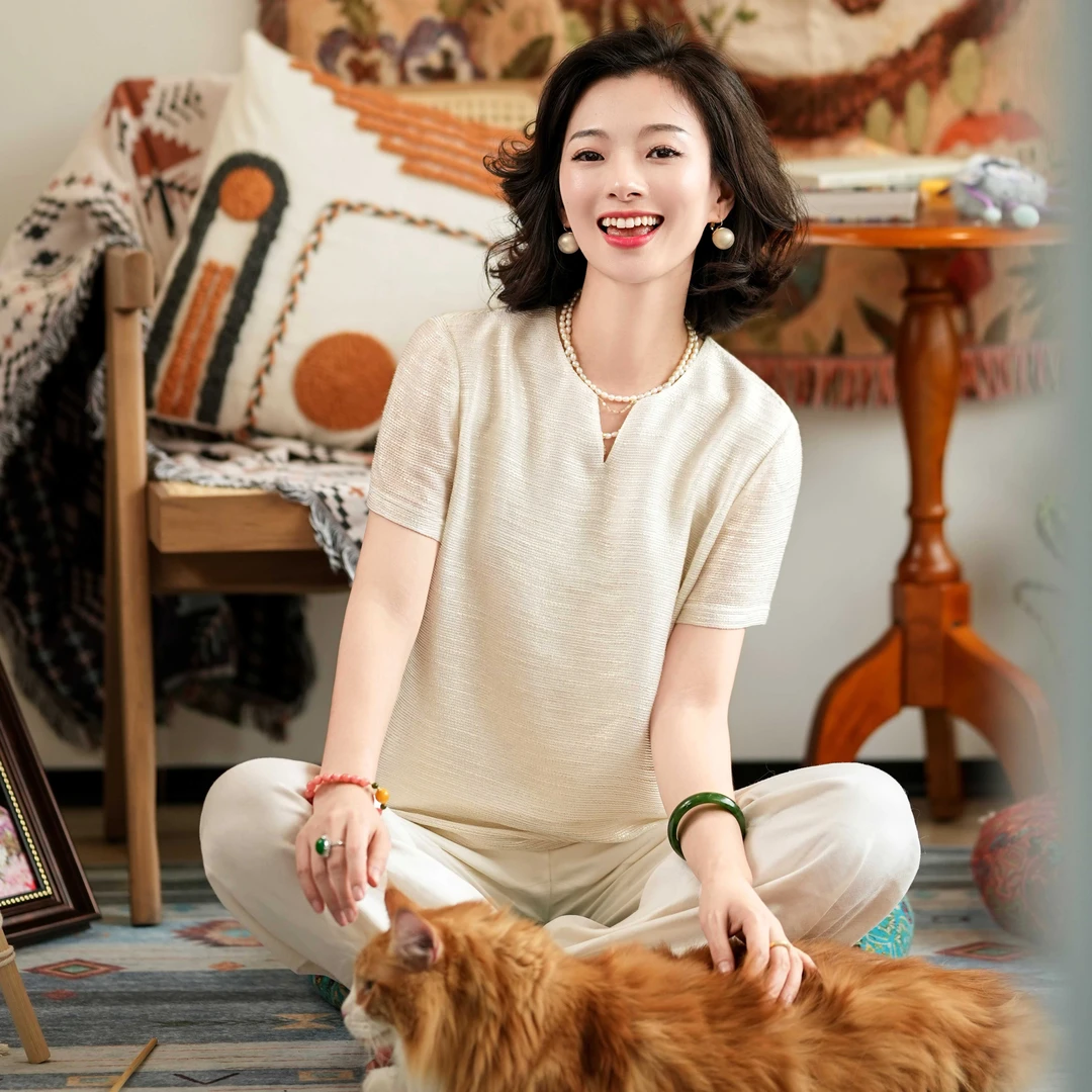 西子/【千金】6A桑蚕丝莫代尔圆领肌理感气质轻薄宽松T恤/TXBH1818