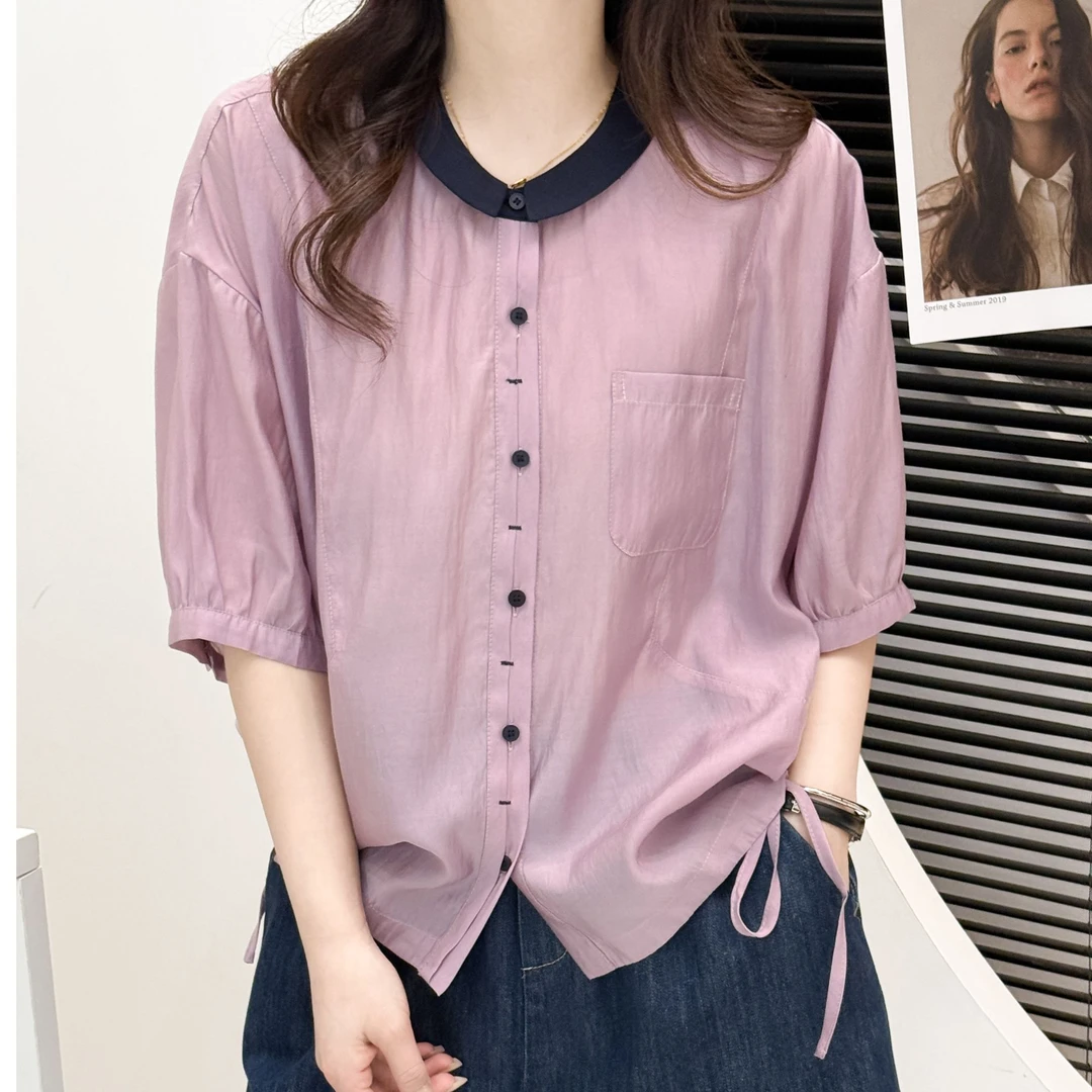 休闲小众薄款纽扣常规系带夏季短袖衬衫气质文艺百搭洋气时尚减龄