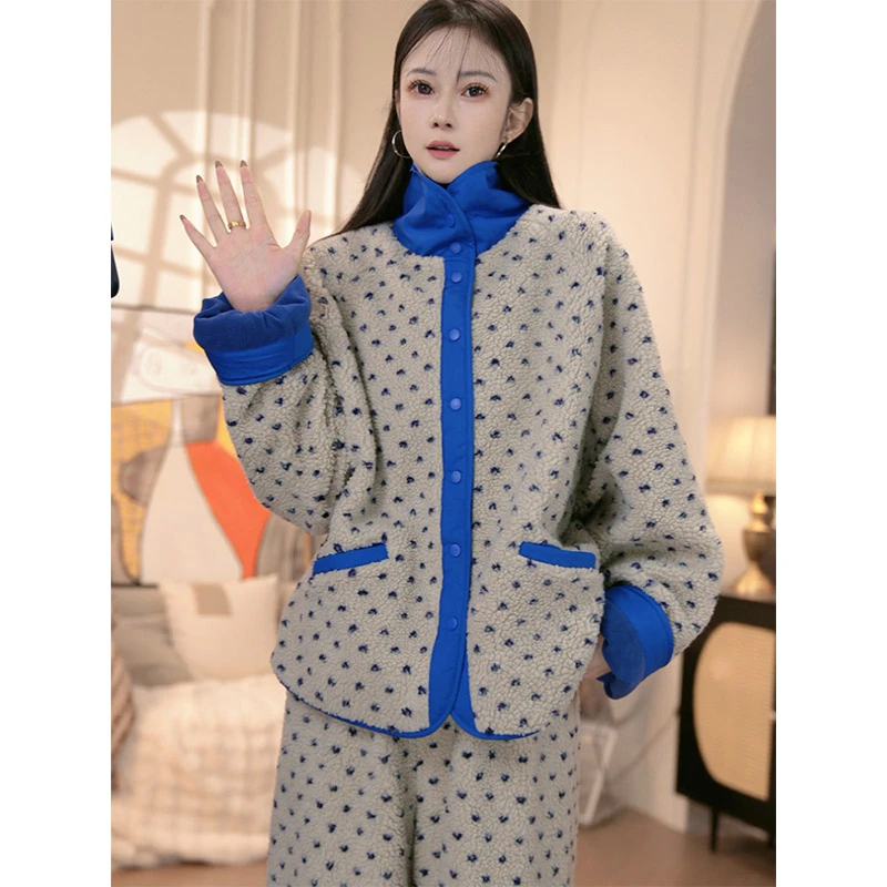 秋冬新款颗粒绒睡衣女复古双层翻领提花长袖加厚家居服套装可外穿