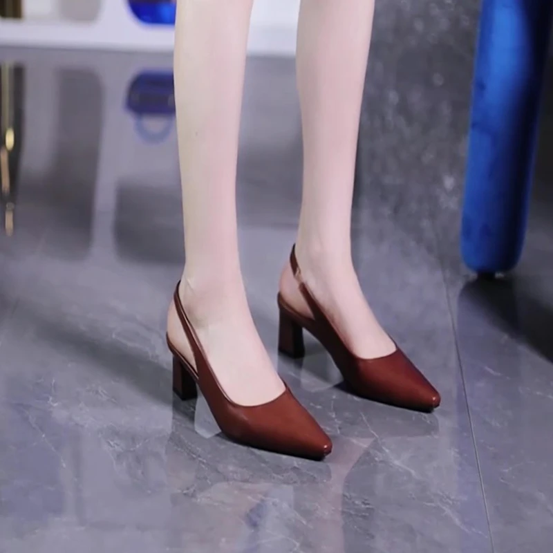 法式小方头不累脚5cm高跟包头凉鞋女2025春夏百搭粗跟后绊带单鞋