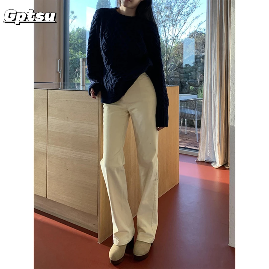 GPTSu米白色灯芯绒裤子女秋冬加绒加厚直筒长裤西装裤窄版阔腿裤
