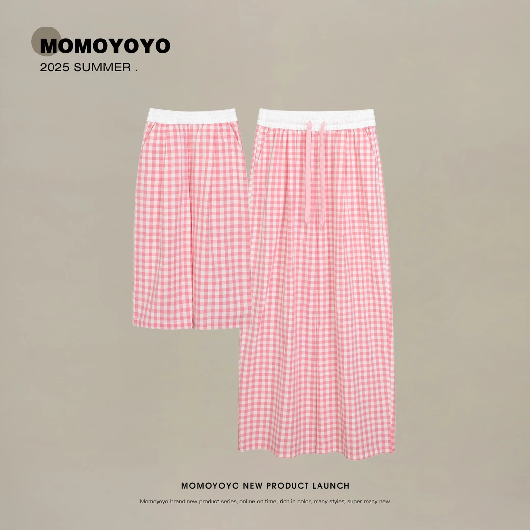 【粉格调】小清新撞色格子直筒宽松亲子阔腿裤格子裤 7898X