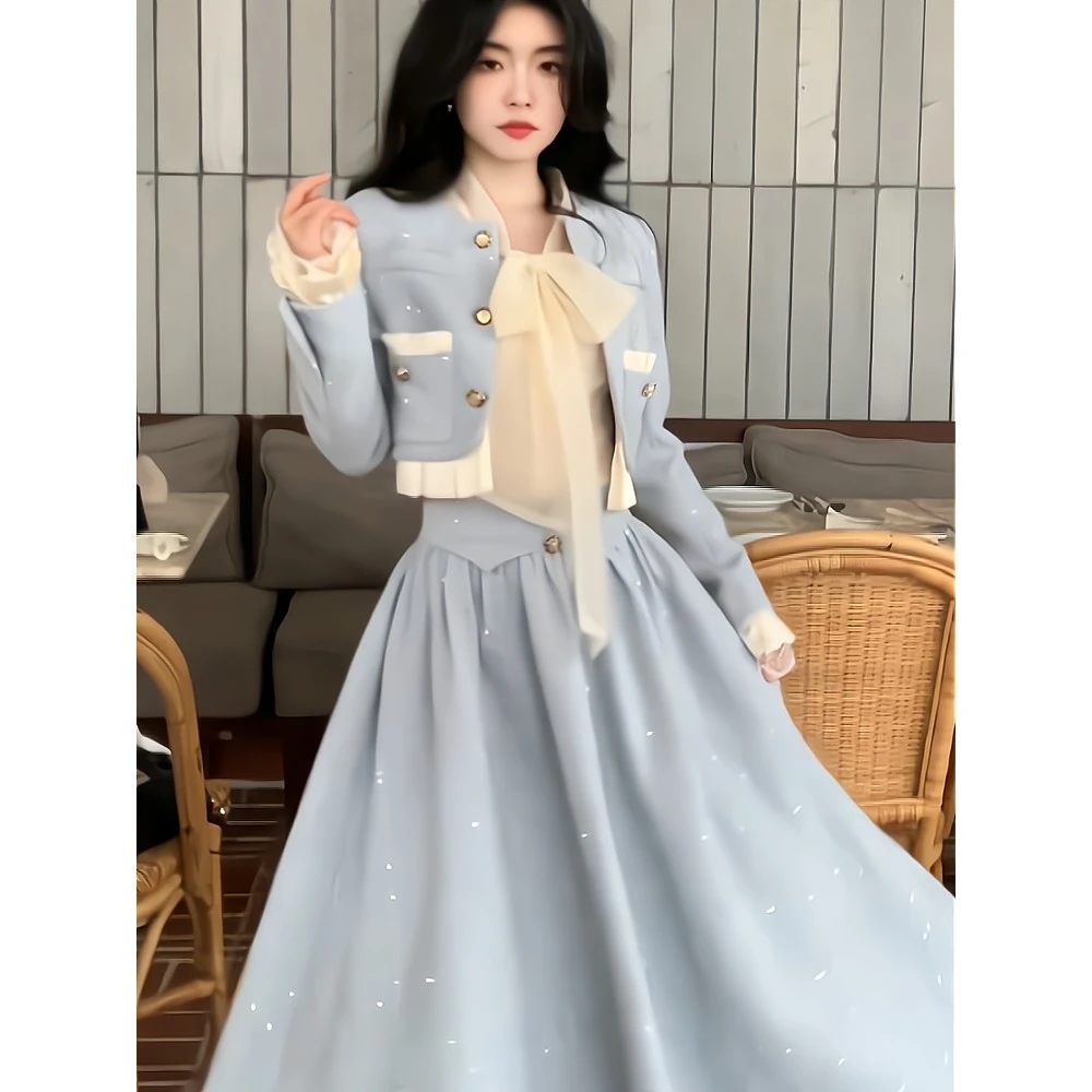 .2025春秋新款法式名媛小香风轻熟风短款荷叶边外套高腰半身裙套.