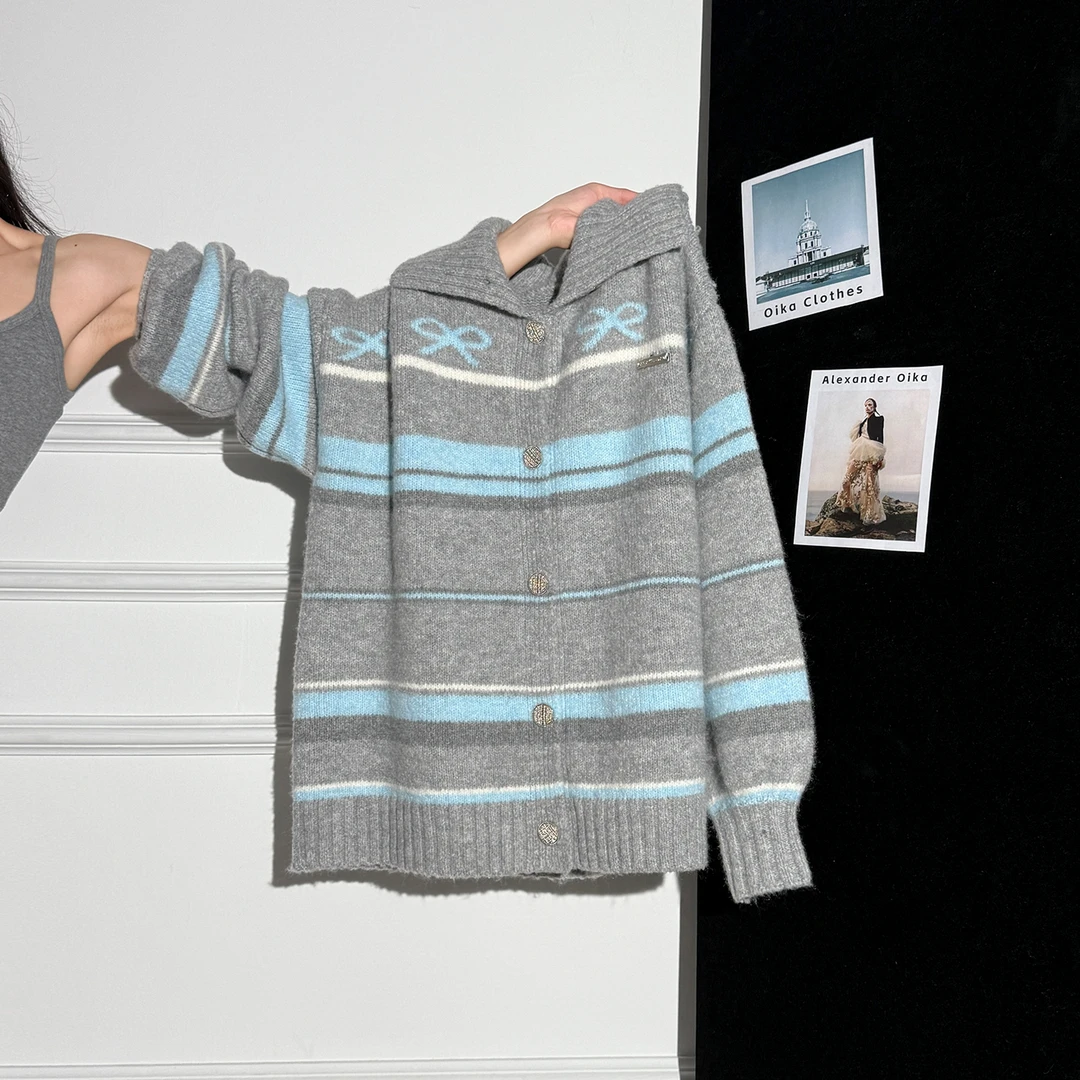 拉夏贝尔甜美温柔风蝴蝶结针织开衫毛衣女秋冬季翻领宽松外套上衣