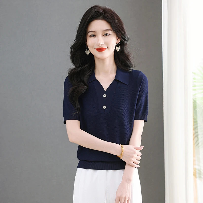 品牌女装冰丝翻领短袖T恤女宽松大码洋气体恤薄款显瘦针织上衣潮