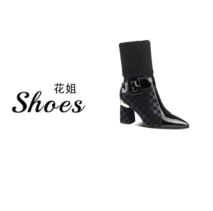 Xlsj 9827-4高跟鞋女新款马丁靴粗跟短靴加绒毛线筒尖头中筒靴