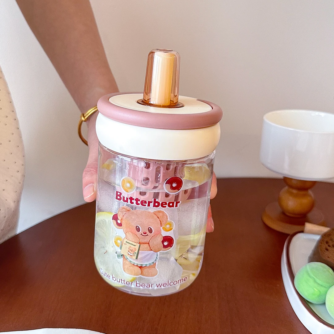 茶水分离泡茶水杯女生可爱黄油小熊办公室耐热吸管塑料杯外带夏天