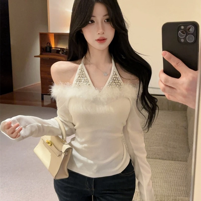 重工镶钻毛毛领针织衫女秋冬纯欲一字肩挂脖上衣打底衫内搭高级感